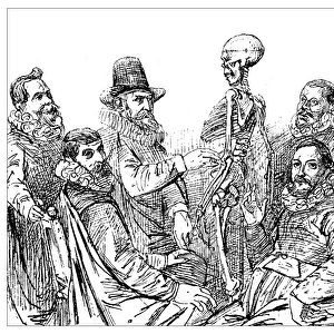 Antique illustration of 17th century anatomy lesson with skeleton