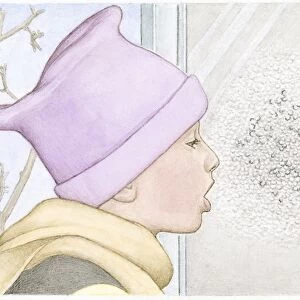 Illustration of child exhaling hot breath on cold window causing condensation