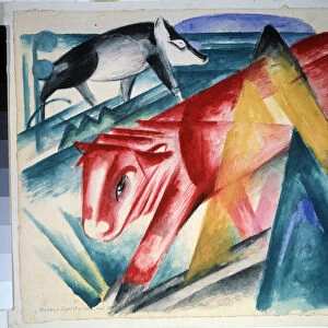 "Animaux"(Animals) Vache et sanglier. Aquarelle de Franz Marc (1880-1916) (expressionnisme) 1913. Dim. 39x45 cm Musee Pouchkine, Moscou