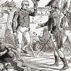 Captain Dacres from the HMS Guerriere surrenders and offers his sword to Captain Hull