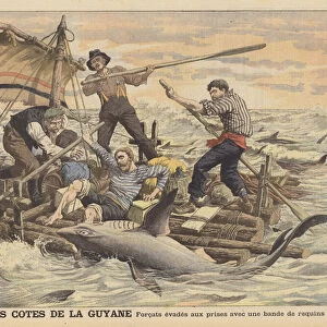 Escaped convicts attacked by sharks off the coast of French Guiana (colour litho)