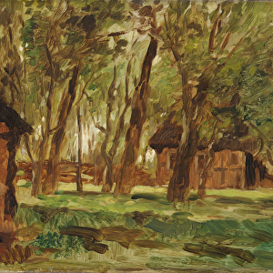 Farmstead under Trees (oil on paper)