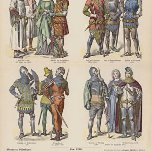 German costumes of the 14th Century (coloured engraving)