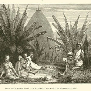 House of a Native chief, New Caledonia, and group of Natives, Papuans (engraving)