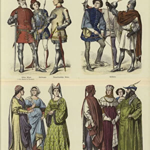Italian costumes, second half of 14th Century (coloured engraving)