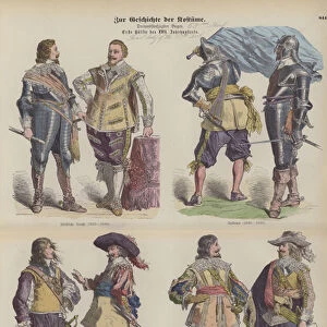 Mens costumes of the first half of the 17th Century (coloured engraving)