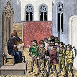 Middle Ages: Peasants receiving orders from lords before going to work, 15th century