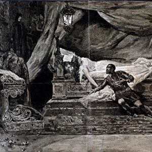 Otello kills himself near the body of Desdemona. Illustration of the last scene of Otello