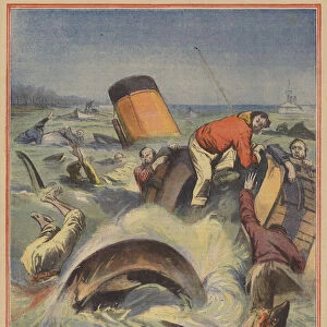 Passengers from a sinking steamship being devoured by sharks (colour litho)