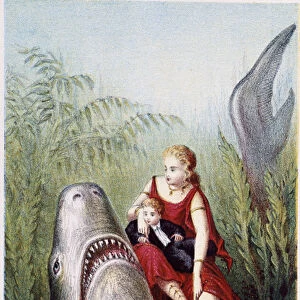 A woman and a boy riding on a shark - in "Journey to the bottom of