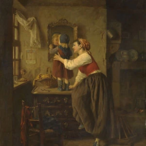 Woman and Child Before a Mirror, 1870s (oil on panel)