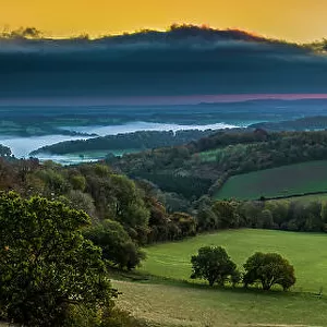 Panoramic landscape of Welsh Borders, countryside at dawn, Monmouthshire, Wales, UK, Panorama, October