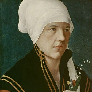 Portrait of a woman holding a Lily-of-the-Valley and a pansy, before 1520
