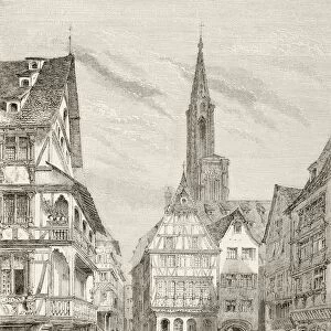 19Th Century View Of Old Houses In Strasbourg, France. From A 19Th Century Illustration