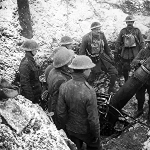 Demonstration of British 9. 45 inch trench mortar, in an old German trench in Pigeon Wood
