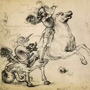 San Giorgio and the dragon, drawing, Raffaello Sanzio, kept in the Gabinetto delle Stampe degli Uffizi in Florence
